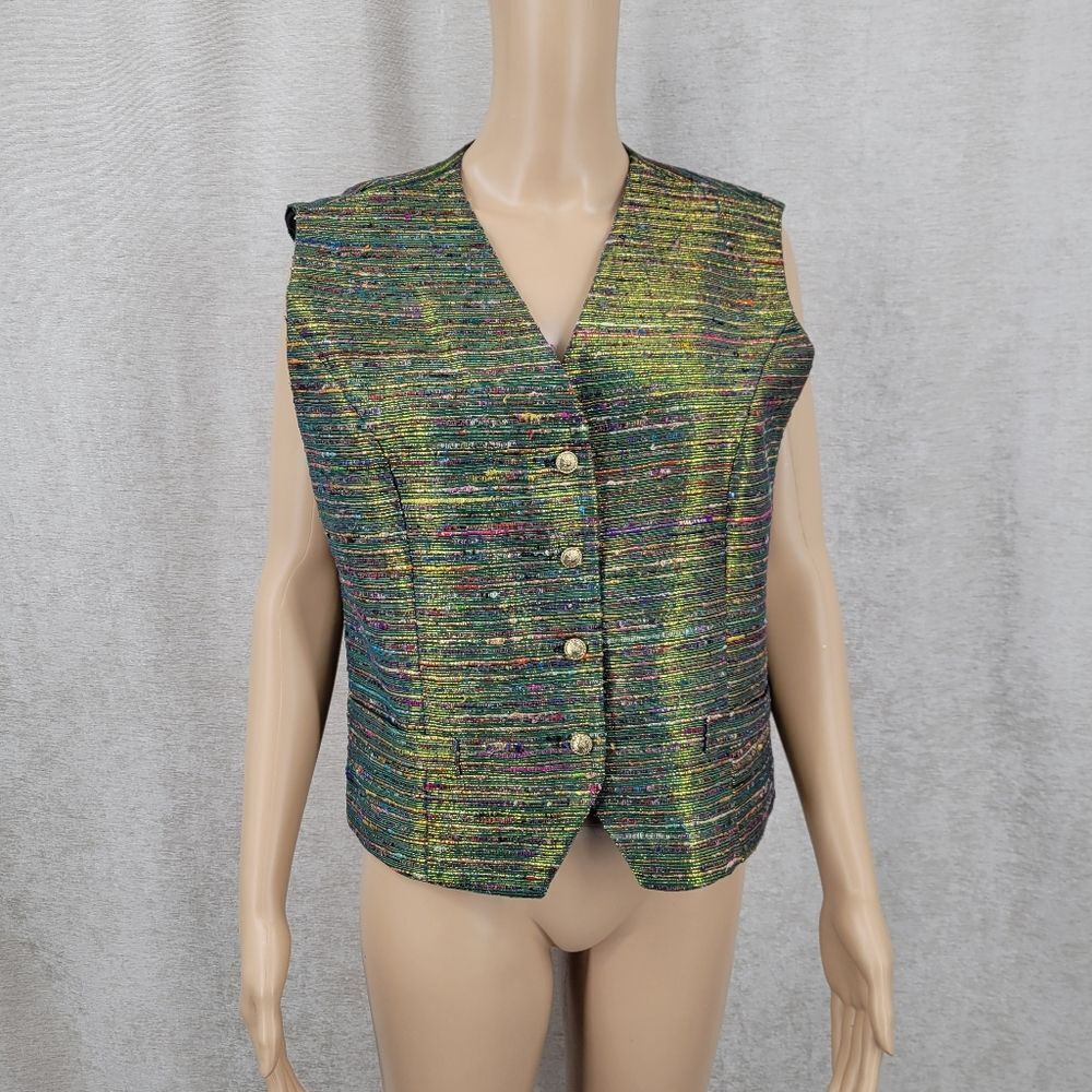 Vinci Vintage Silk Tweed Vest Waistcoat Green Metallic Gold  Festive
